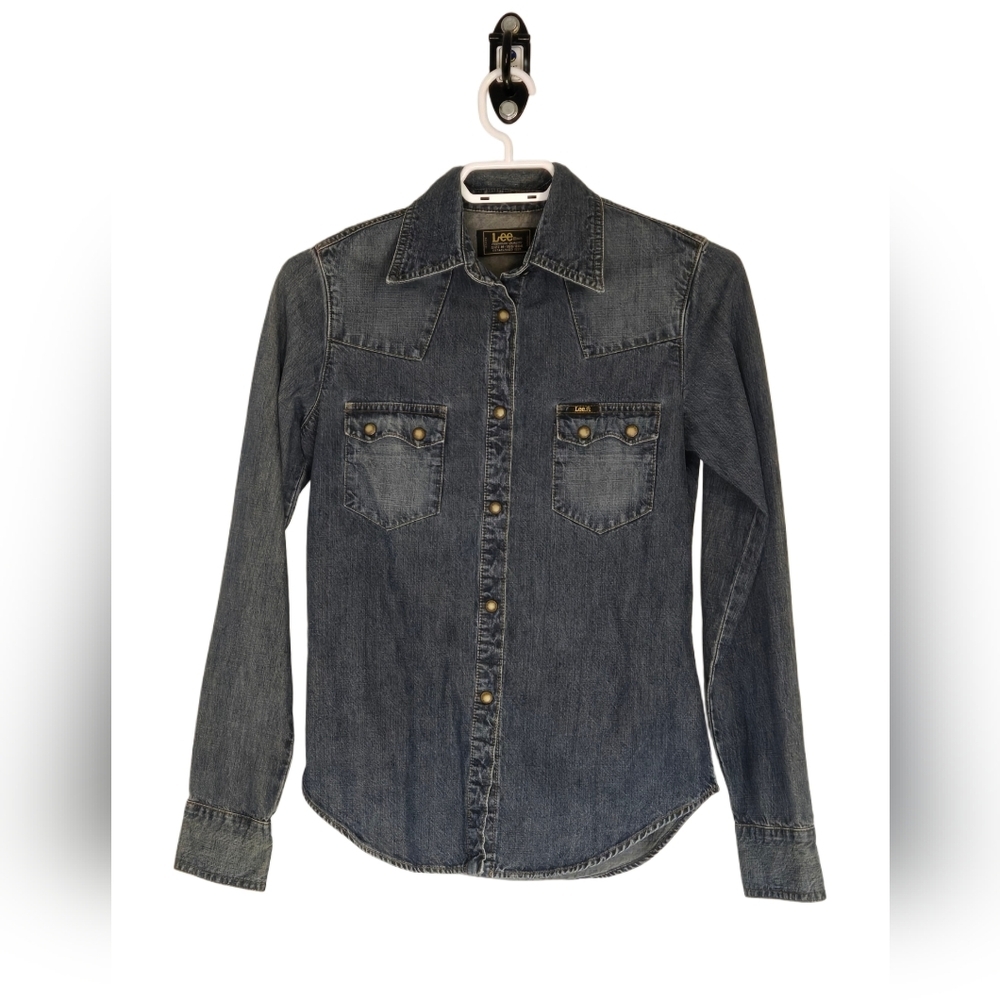 Lee Western Denim Snap Shirt M Y2K Ranchwear Rodeo Vintage-Style‎ Pearl Snap Top